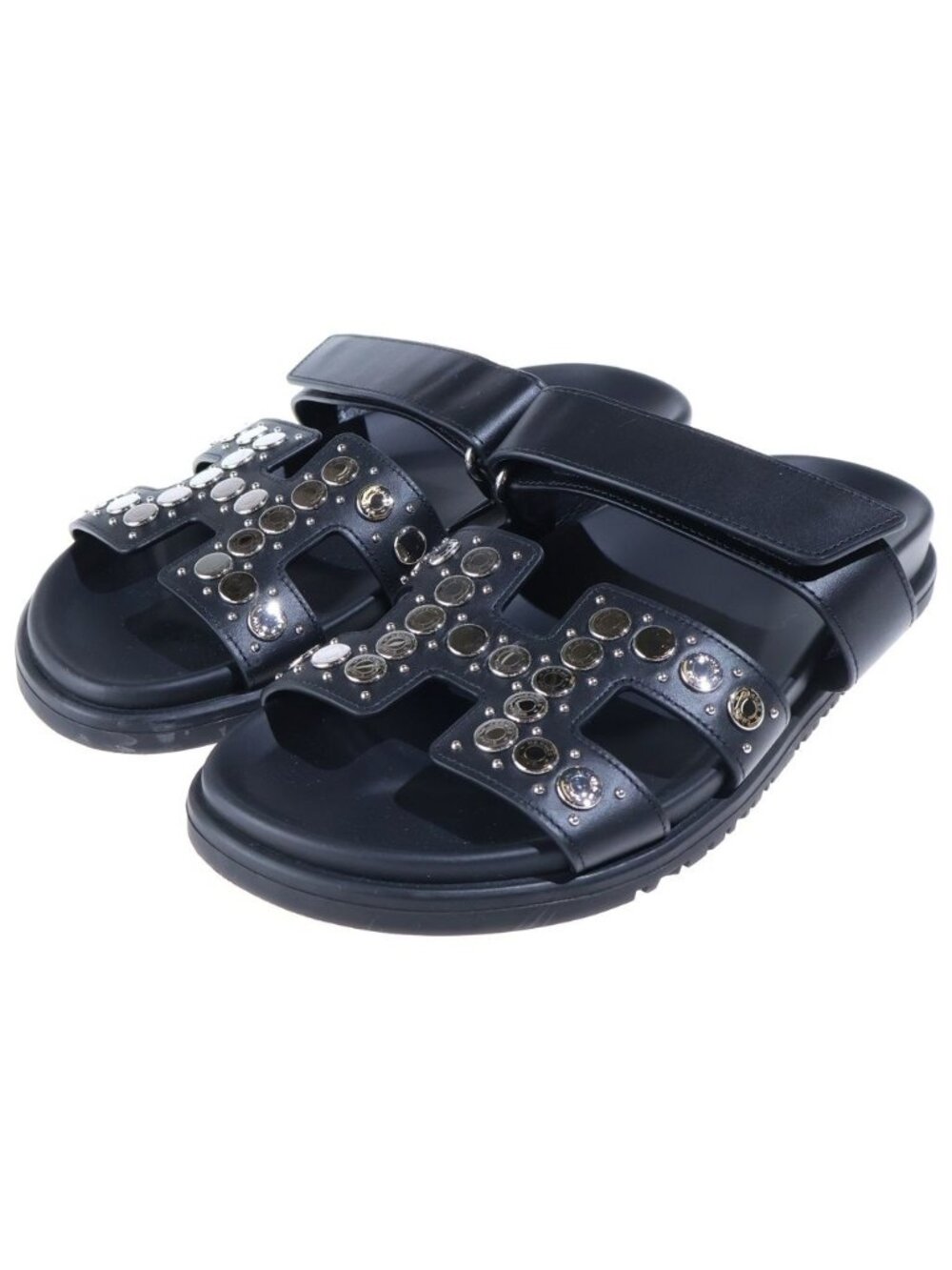 Hermes Chypre Clou de Selle Sellier Buttons Sandals Black Silver